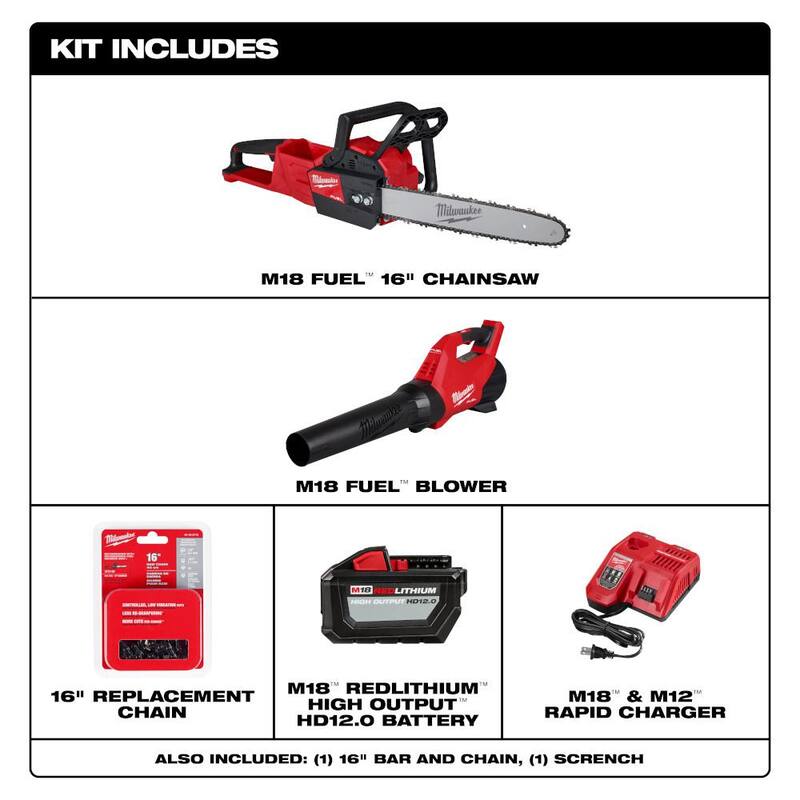 Milwaukee M18 FUEL 16 in. 18-Volt Brushless Cordless Electric Chainsaw w/M18 Blower 12.0 Ah & Extra Chain Combo Kit (2-Tool) - 2727-21HDB-49-16-2715