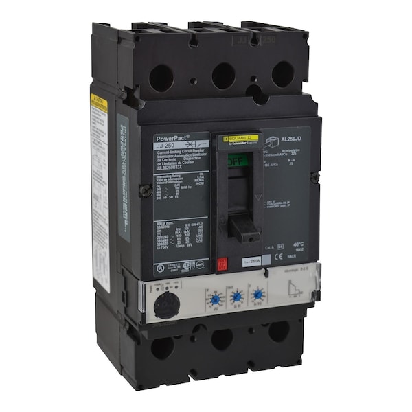 Square D Molded Case Circuit Breaker, JJL Series, 250A, 3 Pole, 600V AC, 100kA at 240V AC - JJL36250U33X