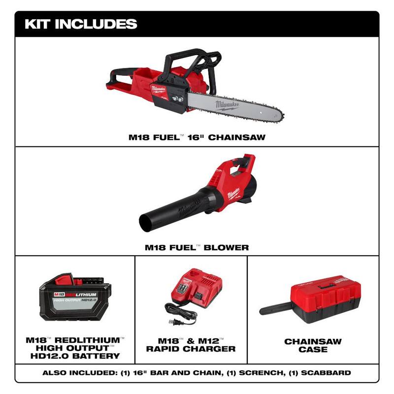 Milwaukee M18 FUEL 16 in. 18-Volt Brushless Cordless Electric Chainsaw withM18 Blower 12.0 Ah and Carrying Case Combo Kit (2-Tool) - 2727-21HDB-49-16-2747
