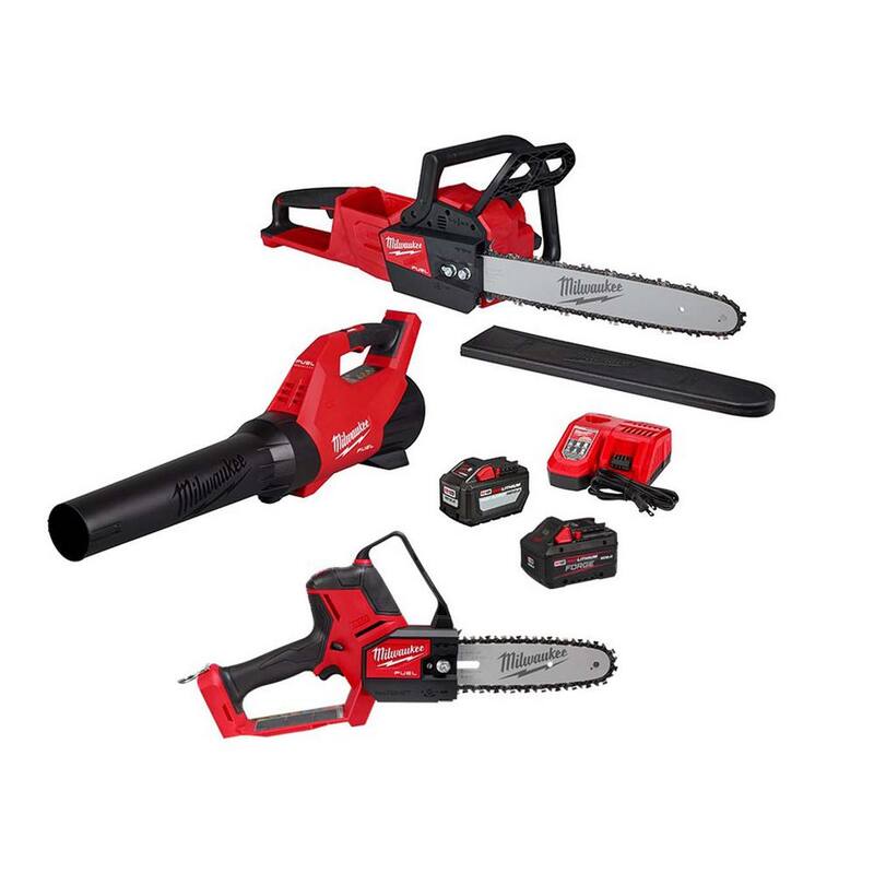Milwaukee M18 Fuel 16 in. 18-Volt Brushless Cordless Electric Chainsaw with Hatchet, Blower, 12.0 and 8.0 Battery Combo Kit 2-Tool - 2727-21HDB-3004-20-48-11-1881