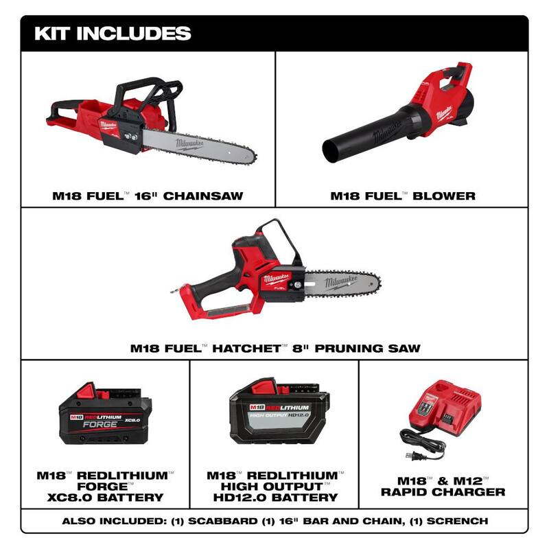 Milwaukee M18 Fuel 16 in. 18-Volt Brushless Cordless Electric Chainsaw with Hatchet, Blower, 12.0 and 8.0 Battery Combo Kit 2-Tool - 2727-21HDB-3004-20-48-11-1881