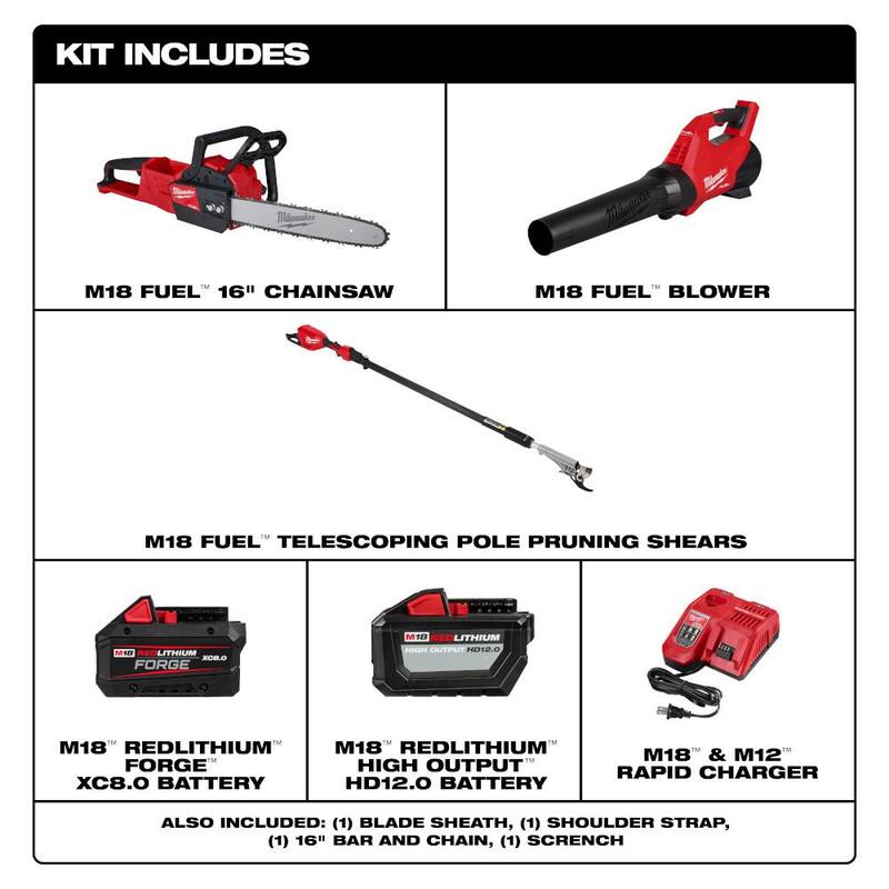 Milwaukee M18 FUEL 16 in. 18-Volt Brushless Cordless Electric Chainsaw with Blower, Pole Pruner, (2) Battery Combo Kit (3-Tool) - 2727-21HDB-3008-20-48-11-1881