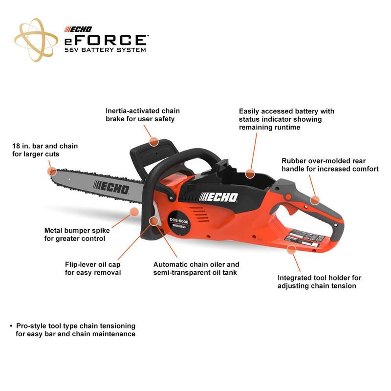 ECHO eFORCE 56V Cordless Battery String Trimmer, Blower & Chainsaw Combo Kit w/ 2.5Ah and 5.0Ah Battery and Charger (3-Tool) - V-ZAACAF