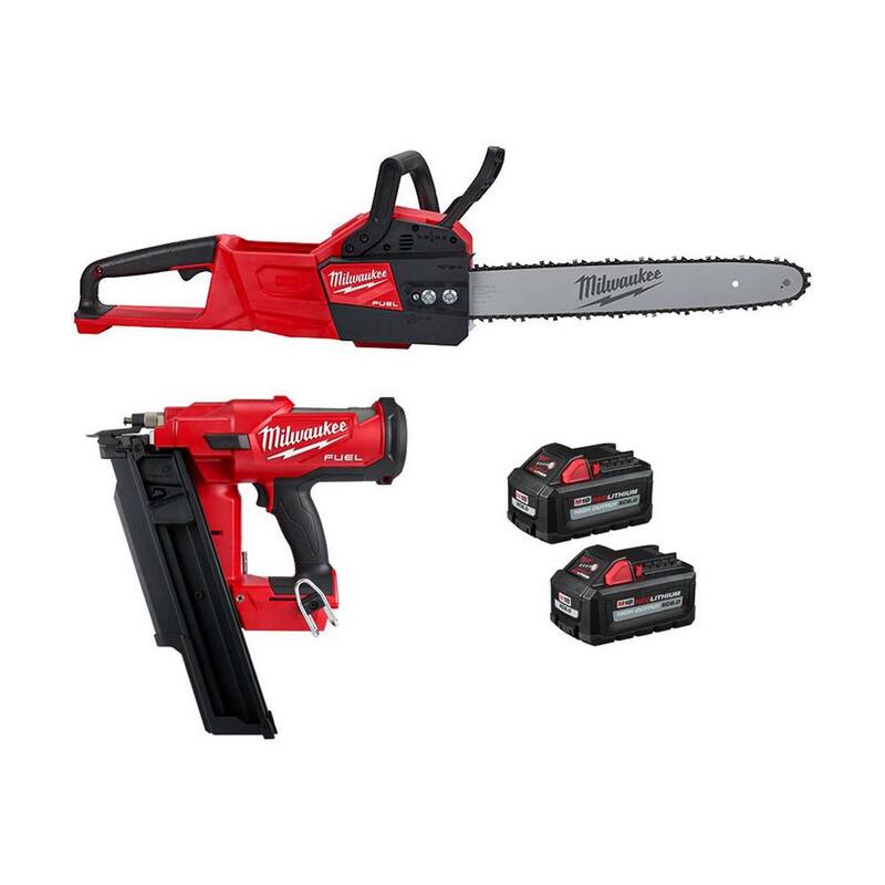 Milwaukee M18 FUEL 16 in. 18V Brushless Battery Electric Chainsaw w/3-1/2 in. 21-Degree Framing Nailer, Two 6Ah HO Batteries - 2727-20-2744-20-48-11-1862