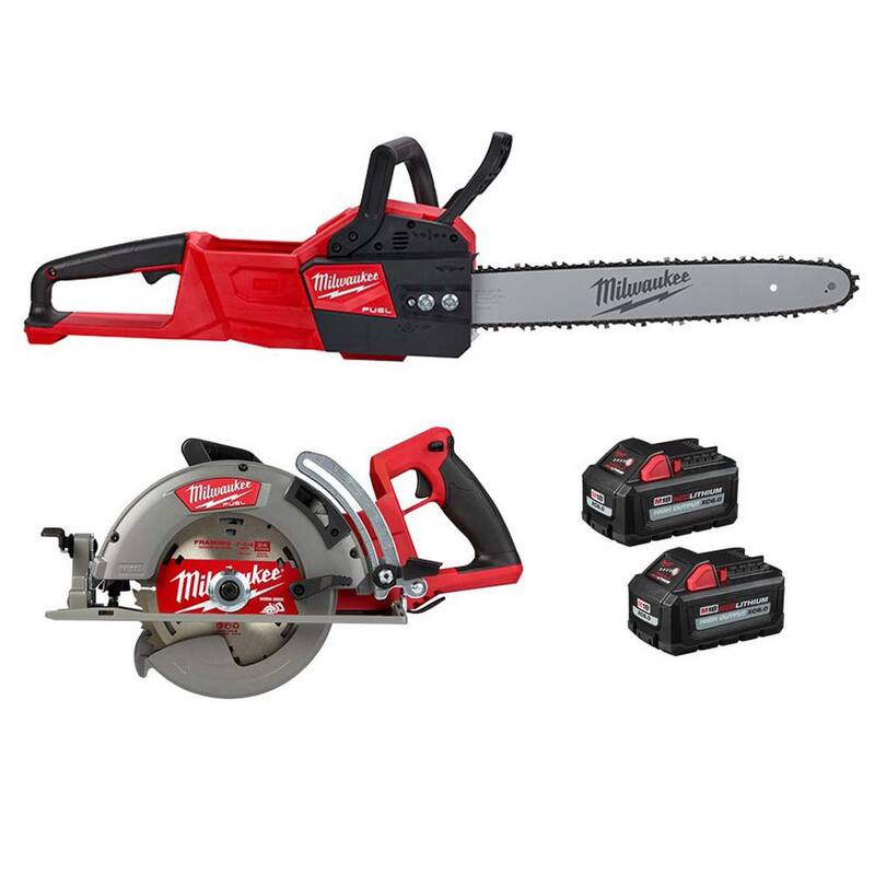 Milwaukee M18 FUEL 16 in. 18V Brushless Battery Electric Chainsaw w/7-1/4 in. Rear Handle Circular Saw, Two 6Ah Batteries - 2727-20-2830-20-48-11-1862