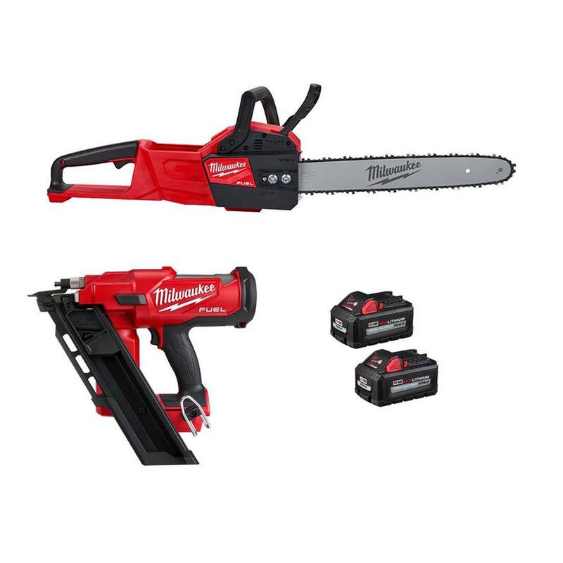 Milwaukee M18 FUEL 16 in. 18V Brushless Battery Electric Chainsaw w/3-1/2 in. 30-Degree Framing Nailer, Two 6Ah Batteries - 2727-20-2745-20-48-11-1862