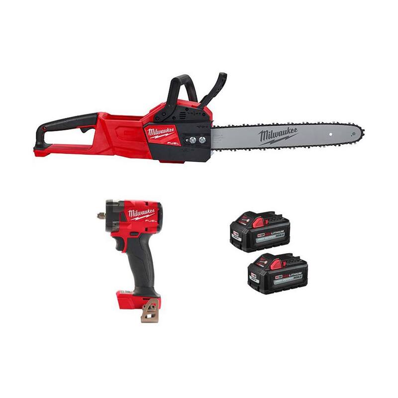 Milwaukee M18 FUEL 16 in. 18V Brushless Battery Electric Chainsaw w/3/8 in. Compact Impact Wrench w/Friction Ring Two 6Ah - 2727-20-2854-20-48-11-1862
