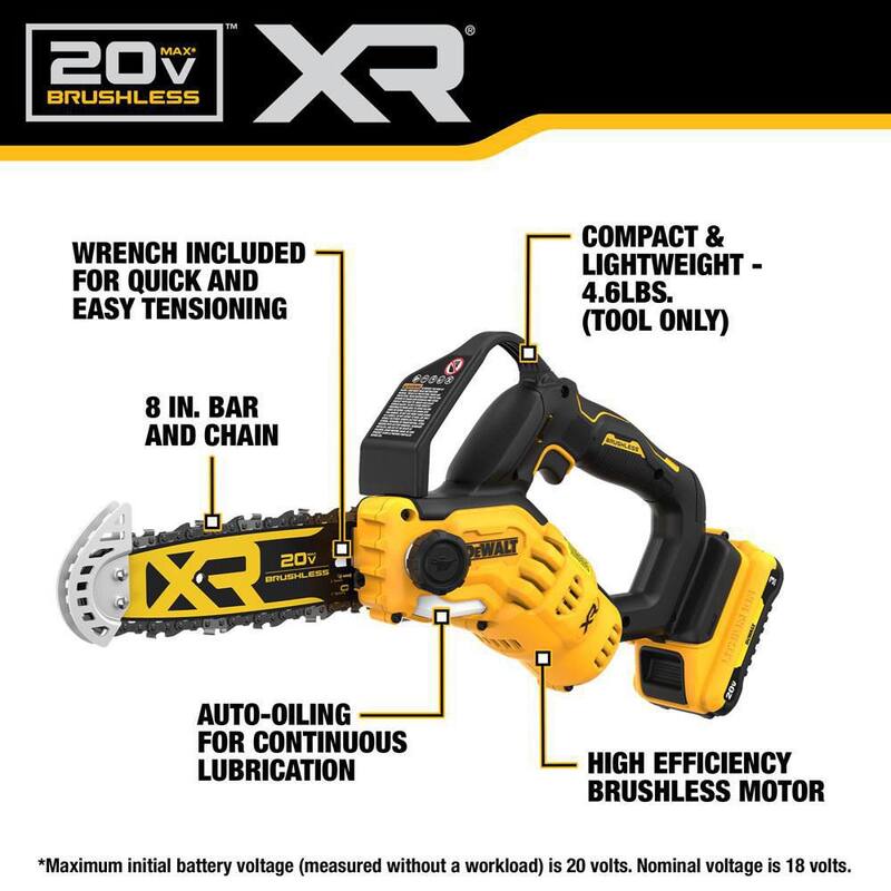 DEWALT 20V MAX 8 in. Brushless Cordless Battery Powered Pruning Chainsaw Kit with (1) 3 Ah Battery & Charger - DCCS623L1