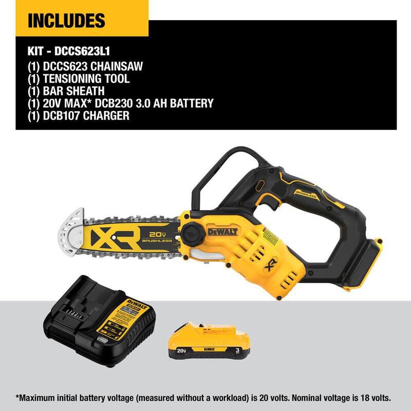 DEWALT 20V MAX 8 in. Brushless Cordless Battery Powered Pruning Chainsaw Kit with (1) 3 Ah Battery & Charger - DCCS623L1
