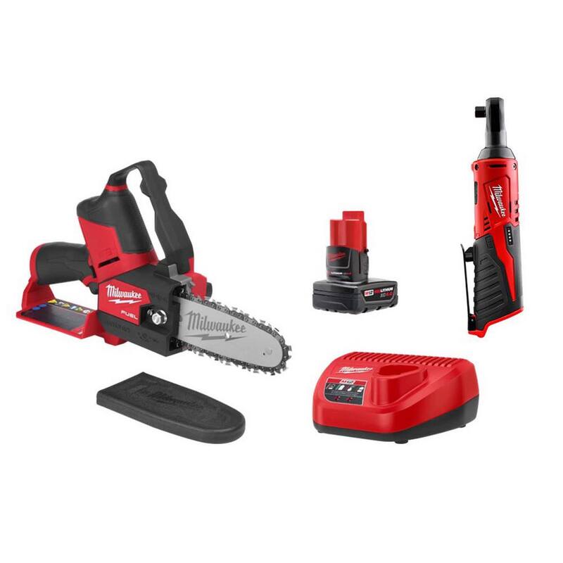 Milwaukee M12 FUEL 12V Lithium-Ion Brushless Battery 6 in. HATCHET Pruning Saw Kit w/3/8 in. Ratchet, 4.0 Ah Battery, Charger - 2527-21-2457-20