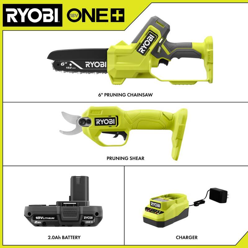 RYOBI ONE+ 18V 6 in. Cordless Battery Compact Pruning Mini Chainsaw and 18V Cordless Pruner with 2.0 Ah Battery and Charger - PCLCW01K-P2504BTL
