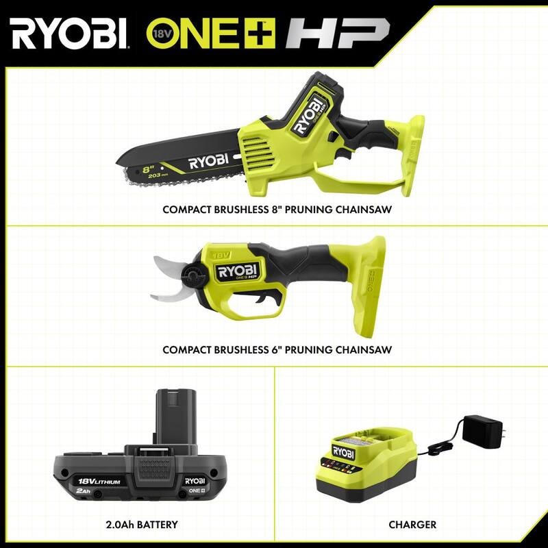 RYOBI ONE+ HP 18V Brushless 8 in. Battery Compact Pruning Mini Chainsaw and Pruner with 2.0 Ah Battery and Charger - PSBCW01K-P2505BTL