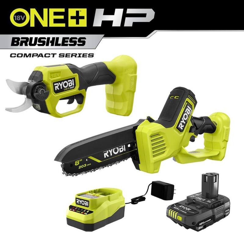 RYOBI ONE+ HP 18V Brushless 8 in. Battery Compact Pruning Mini Chainsaw and Pruner with 2.0 Ah Battery and Charger - PSBCW01K-P2505BTL