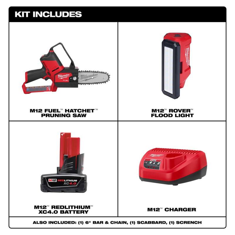 Milwaukee M12 FUEL 12V Lithium-Ion Brushless Battery 6 in. HATCHET Pruning Saw Kit, Pivoting Flood Light, 4.0 Ah Battery, Charger - 2527-21-2367-20