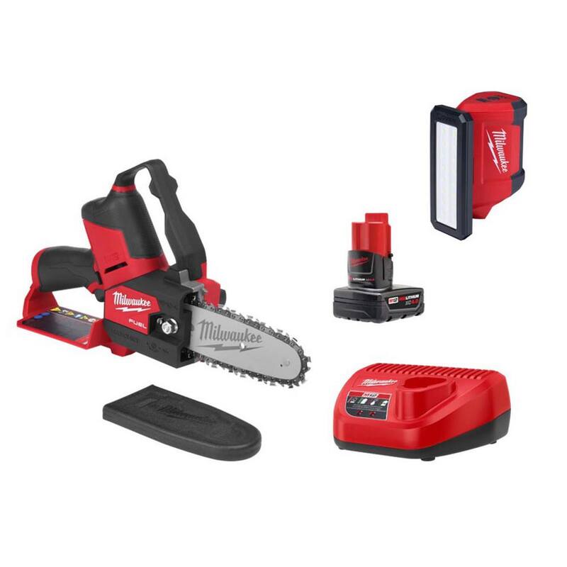Milwaukee M12 FUEL 12V Lithium-Ion Brushless Battery 6 in. HATCHET Pruning Saw Kit, Pivoting Flood Light, 4.0 Ah Battery, Charger - 2527-21-2367-20
