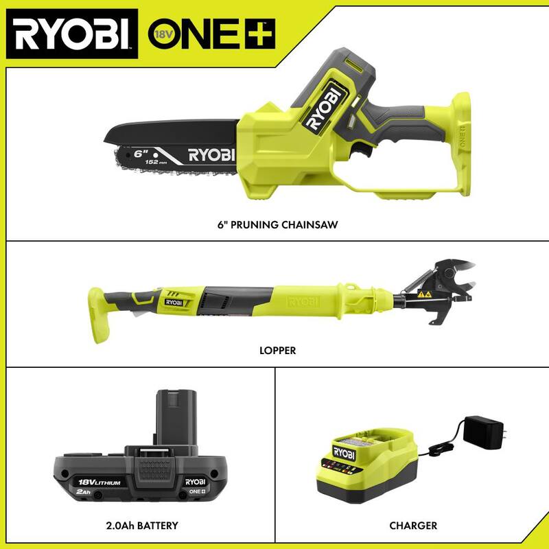 RYOBI ONE+ 18V 6 in. Cordless Battery Compact Pruning Chainsaw & 18V Cordless Battery Lopper w/2.0 Ah Battery and Charger - PCLCW01K-P4362BTL