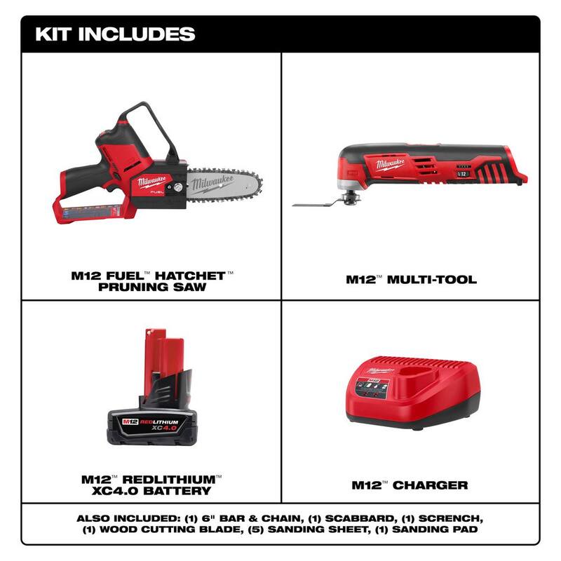 Milwaukee M12 FUEL 12V Lithium-Ion Brushless Battery 6 in. HATCHET Pruning Saw Kit w/Multi-Tool, 4.0 Ah Battery, Charger - 2527-21-2426-20