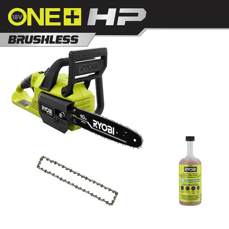 RYOBI ONE+ HP 18V Brushless 10 in. Cordless Battery Chainsaw (Tool Only) with Extra Chain and Bar and Chain Oil - P2502BTL-CMB1