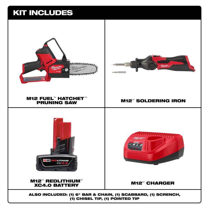 Milwaukee M12 FUEL 12V Lithium-Ion Brushless Battery 6 in. HATCHET Pruning Saw Kit w/Soldering Iron, 4.0 Ah Battery, Charger - 2527-21-2488-20