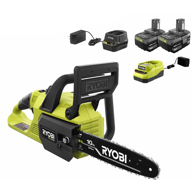 RYOBI ONE+ HP 18V Brushless 10 in. Battery Chainsaw with (2) 4.0 Ah Batteries and (2) Chargers - P2520-BK