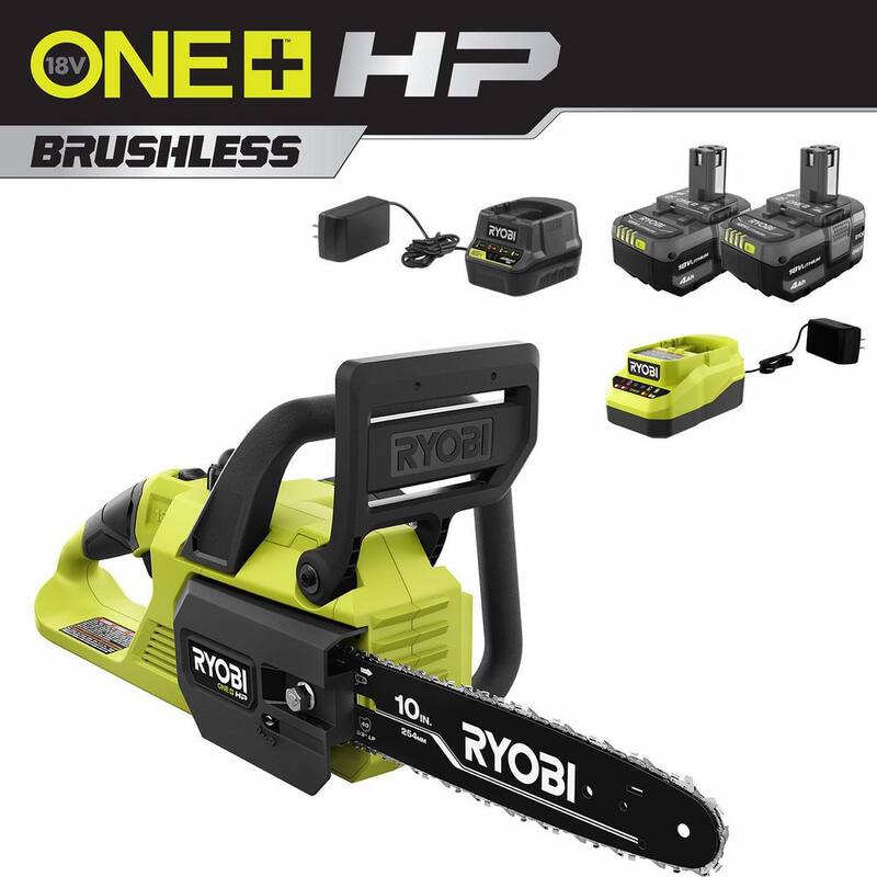 RYOBI ONE+ HP 18V Brushless 10 in. Battery Chainsaw with (2) 4.0 Ah Batteries and (2) Chargers - P2520-BK