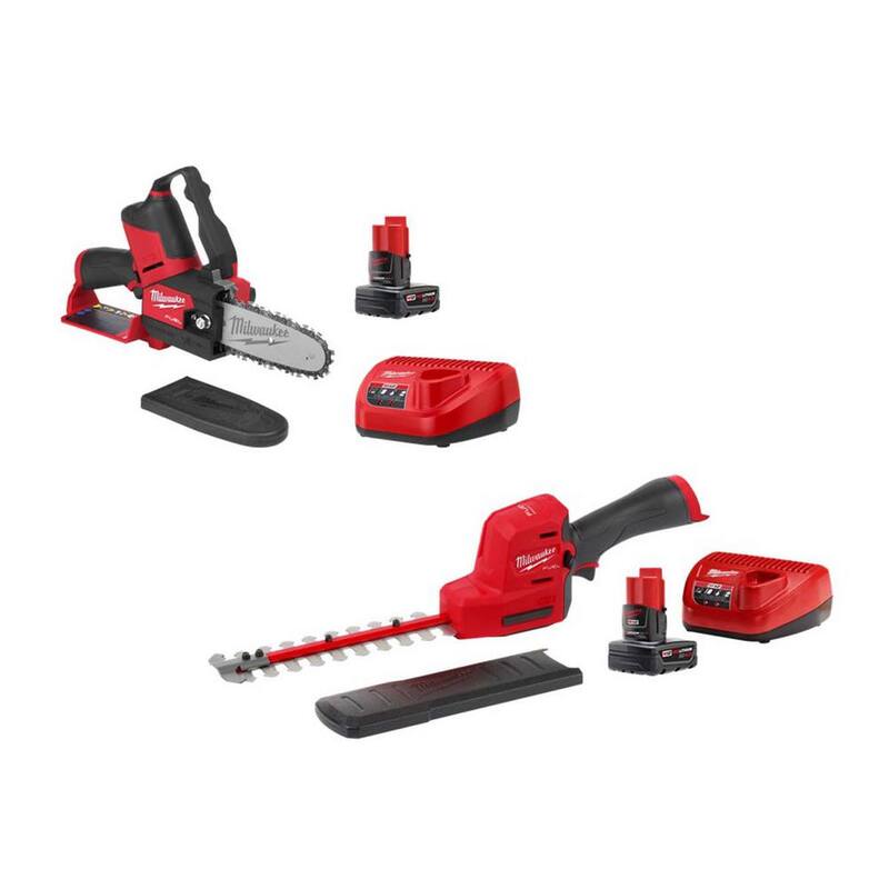 Milwaukee M12 FUEL 12V Lithium-Ion Brushless Cordless 6 in. HATCHET Pruning Saw w/M12 Hedge Trimmer, (2) 4.0 Ah Battery/Charger - 2527-21-2533-21