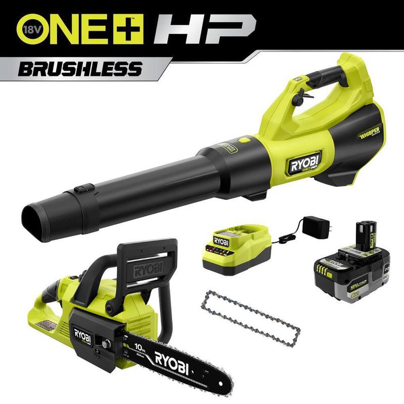 RYOBI ONE+ HP 18V Brushless 10 in. Cordless Battery Chainsaw, 510 CFM Blower with Extra Chain and 6.0 battery and charger - P2502BTL-CMB1-PBLLB01K