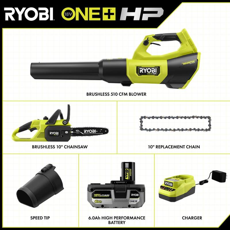 RYOBI ONE+ HP 18V Brushless 10 in. Cordless Battery Chainsaw, 510 CFM Blower with Extra Chain and 6.0 battery and charger - P2502BTL-CMB1-PBLLB01K