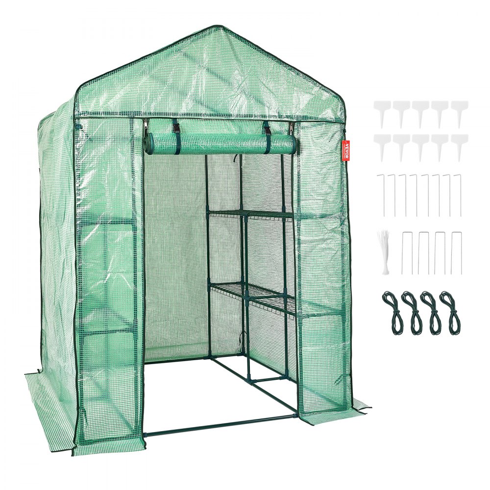 VEVOR Walk-in Green House, 4.6 x 4.6 x 6.6 ft , Greenhouse with Shelves, High Strength PE Cover with Zipper Door and Steel Frame, Assembly in Minutes, Suitable for Planting and Storage - ZXJZWSFMTCGLSNQKZV0