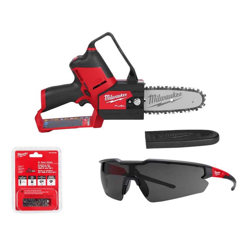 Milwaukee M12 FUEL 6 in. 12V Brushless Electric Battery Chainsaw Tool Only Extra 6 in. Chain & Tinted Safety Glasses - 2527-20-49-16-2732-48-73-2015