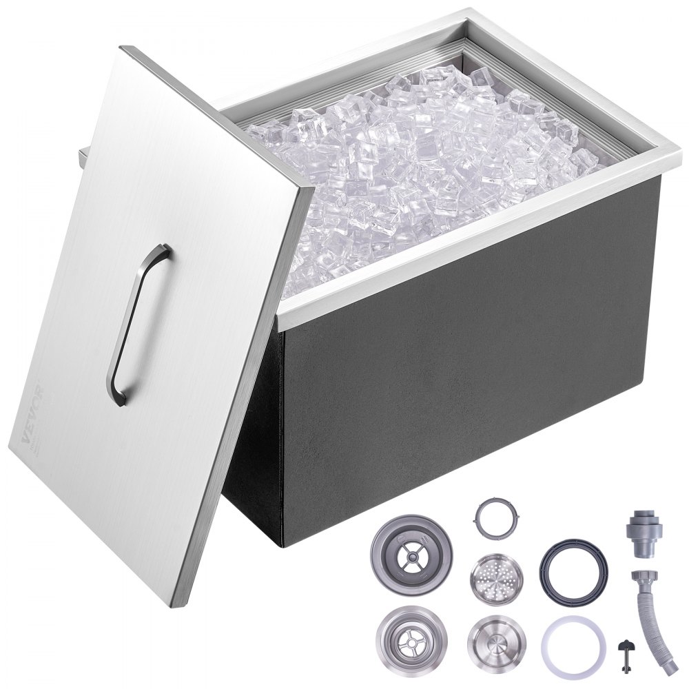 VEVOR Drop in Ice Chest, 22"L x 17"W x 12"H Stainless Steel Ice Cooler, Commercial Ice Bin with Cover, 40 qt Outdoor Kitchen Ice Bar, Drain-pipe and Drain Plug Included, for Cold Wine Beer - QRSCBCGG22LXVEK40V0