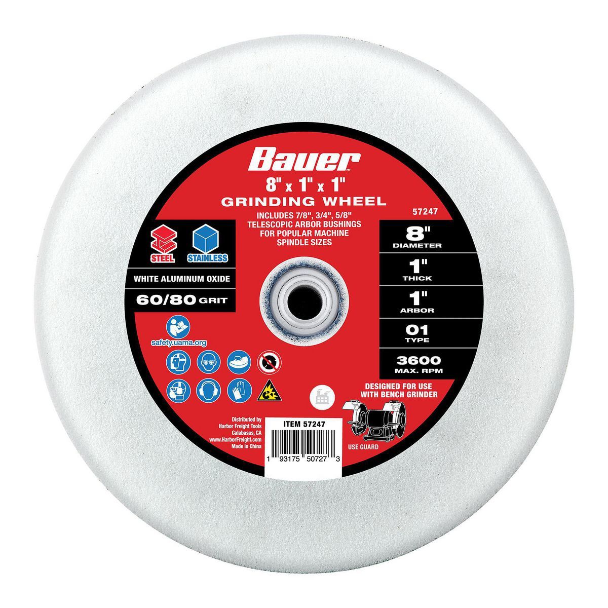 Bauer Rueda de Esmeril de Banco con Arbor de 8 pulg. x 1 pulg. x 1 pulg. y adaptadores de 5/8 pulg., 3/4 pulg. y 7/8 pulg. - 57247