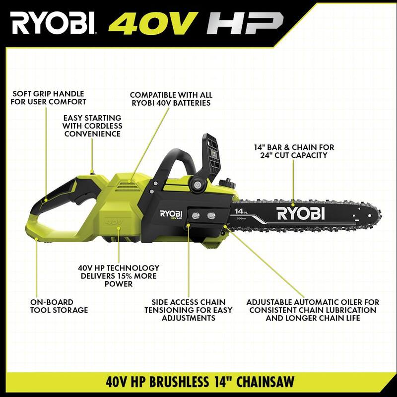 RYOBI 40V HP Brushless 14 in. Battery Chainsaw w/Extra Chain, Biodegradable Bar & Chain Oil, 4.0 Ah Battery & Charger - RY405100-CMB1