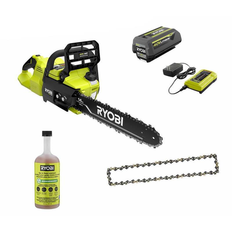RYOBI 40V HP Brushless 14 in. Battery Chainsaw w/Extra Chain, Biodegradable Bar & Chain Oil, 4.0 Ah Battery & Charger - RY405100-CMB1