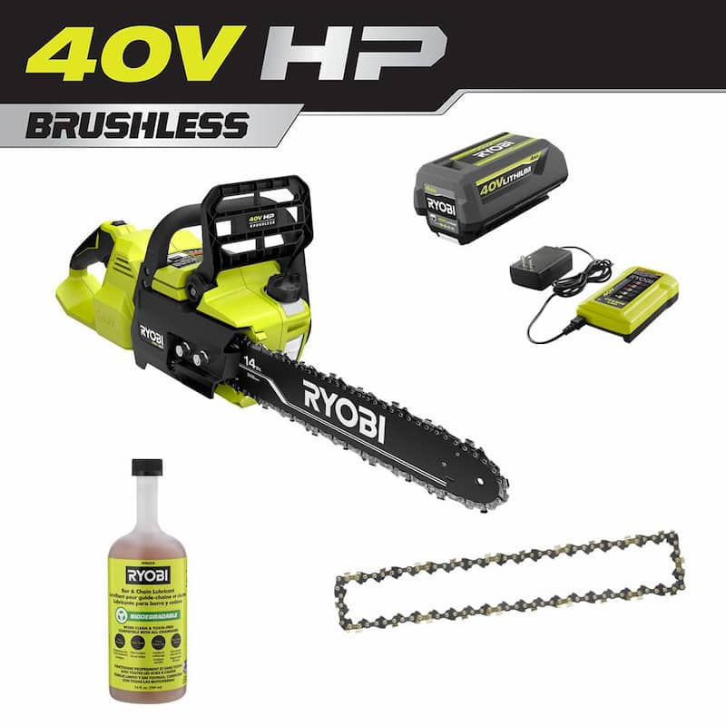 RYOBI 40V HP Brushless 14 in. Battery Chainsaw w/Extra Chain, Biodegradable Bar & Chain Oil, 4.0 Ah Battery & Charger - RY405100-CMB1