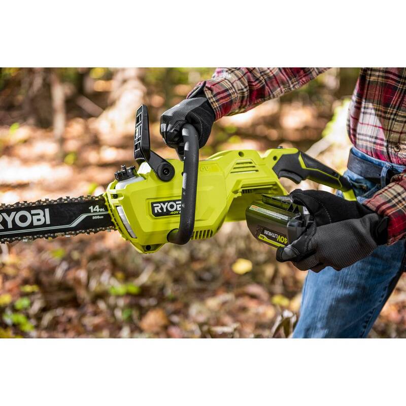 RYOBI 40V HP Brushless 14 in. Battery Chainsaw w/Extra Chain, Biodegradable Bar & Chain Oil, 4.0 Ah Battery & Charger - RY405100-CMB1
