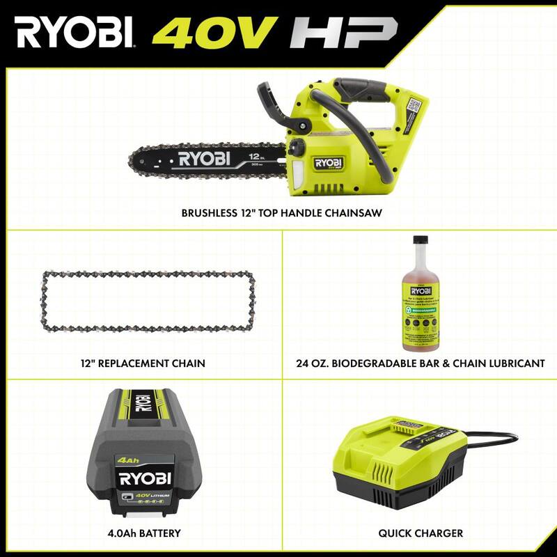 RYOBI 40V HP Brushless 12 in. Top Handle Battery Chainsaw, Extra Chain and Bar and Chain oil with 4.0 Battery and Charger - RY40590-RY12C1-RYBIO24