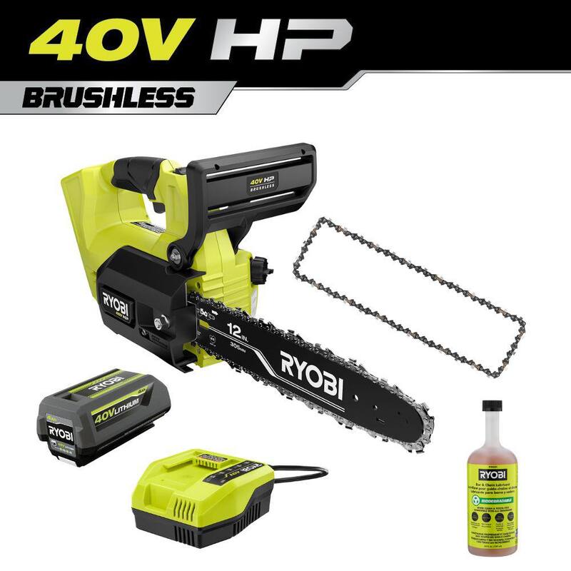 RYOBI 40V HP Brushless 12 in. Top Handle Battery Chainsaw, Extra Chain and Bar and Chain oil with 4.0 Battery and Charger - RY40590-RY12C1-RYBIO24