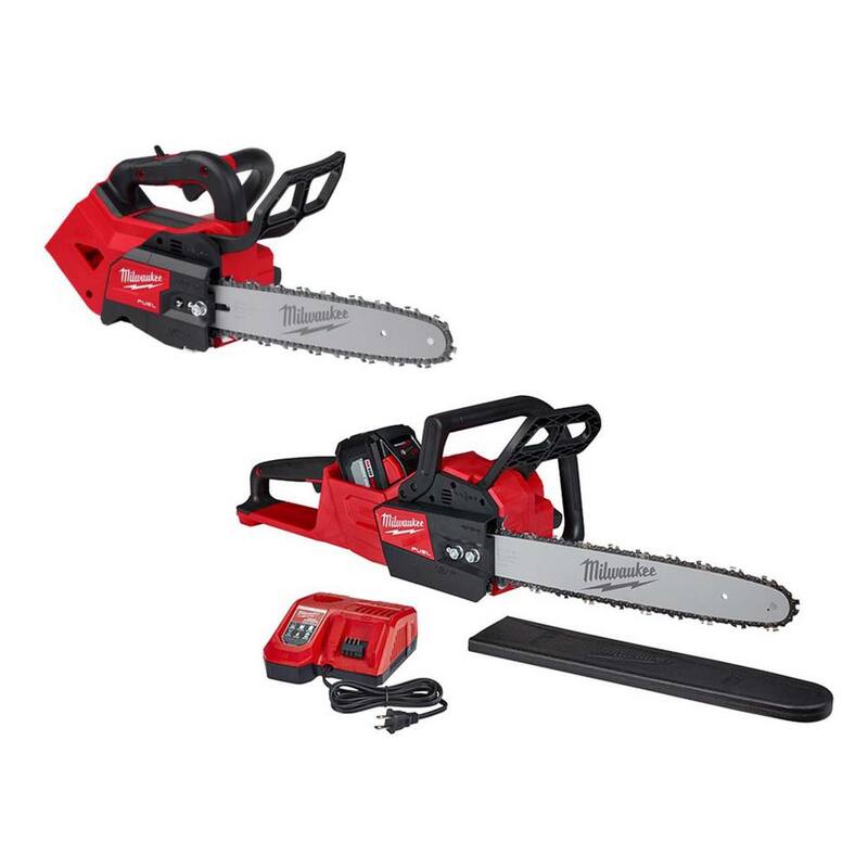 Milwaukee M18 FUEL 12 in. Top Handle 18V Lithium-Ion Brushless Cordless Chainsaw & 16 in. Chainsaw, 12.0 Ah Battery, Charger - 2826-20C-2727-21HD
