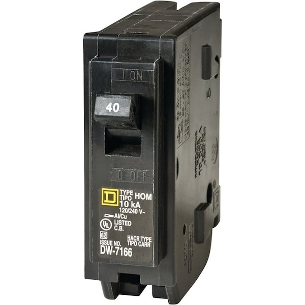 Square D Homeline Circuit Breaker, Mini, 40 A, 1 -Pole, 120 V, Fixed Trip, Plug Mounting, Black - HOM140CP