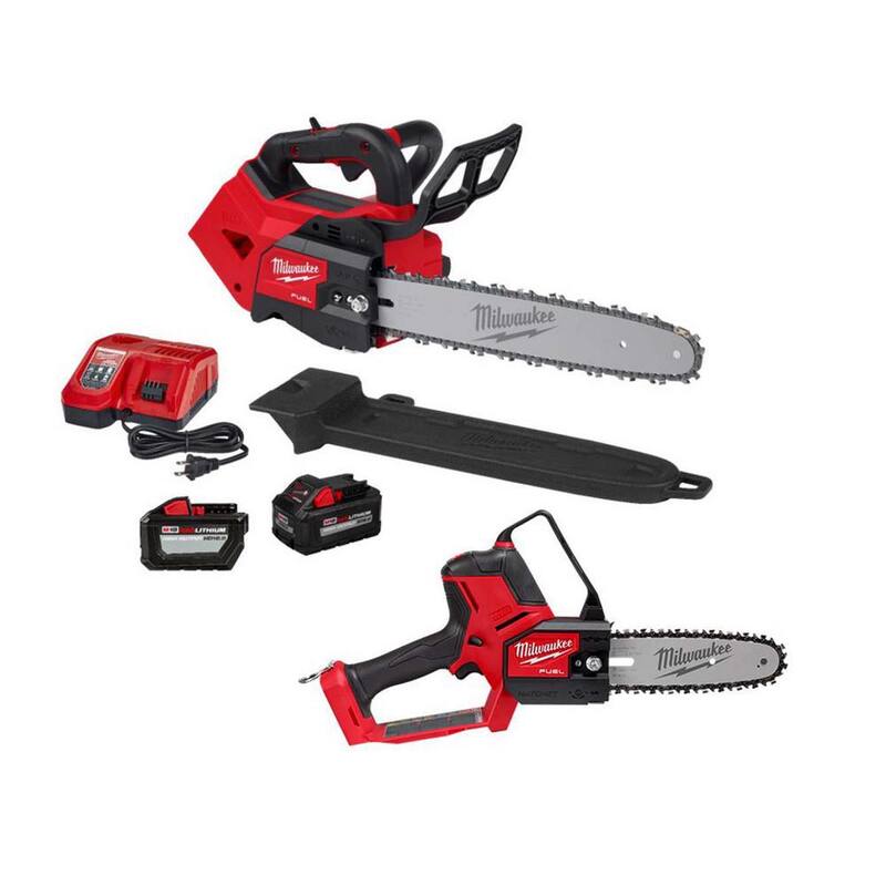 Milwaukee M18 FUEL 14 in. Top Handle 18V Lithium-Ion Brushless Cordless Chainsaw Kit w/8 in. Pruning Saw, 8.0 Ah, 12.0 Ah Battery - 2826-22T-3004-20