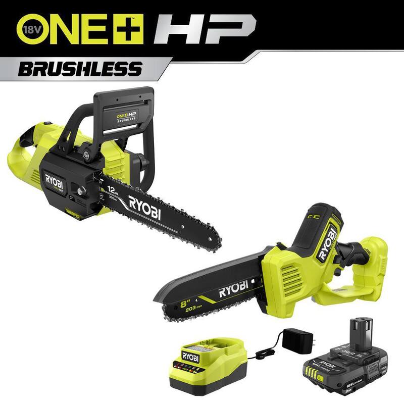 RYOBI ONE+ HP 18V Brushless Whisper Series 12 in. Battery Chainsaw and Pruning Saw w/6.0 Ah, 2.0 Ah Battery and (2) Chargers - P2570-PSBCW01K