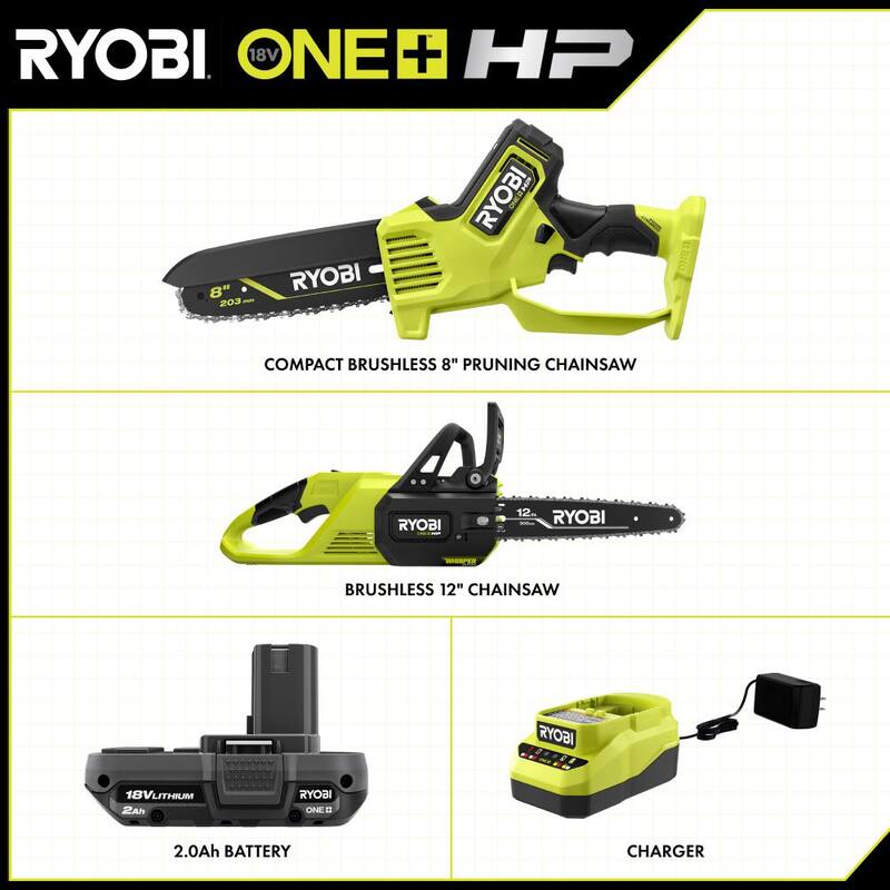 RYOBI ONE+ HP 18V Brushless Whisper Series 12 in. Battery Chainsaw and Pruning Saw w/6.0 Ah, 2.0 Ah Battery and (2) Chargers - P2570-PSBCW01K