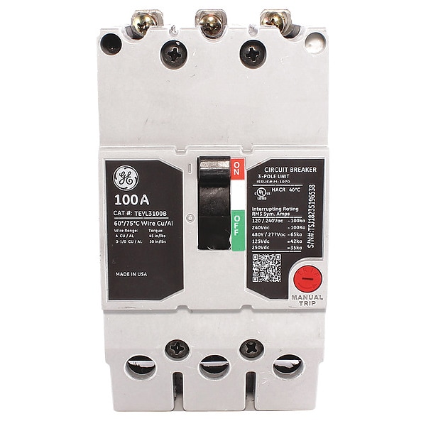 Ge Molded Case Circuit Breaker, TEYL Series, 100A, 3 Pole, 277/480V AC, 65kA at 277/480V AC - TEYL3100B