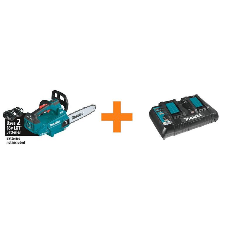 Makita 14 in. 18-Volt X2 (36-Volt) LXT Lithium-Ion Brushless Top Handle Chain Saw with Bonus 18V Dual Port Rapid Charger - XCU08Z-DC18RD