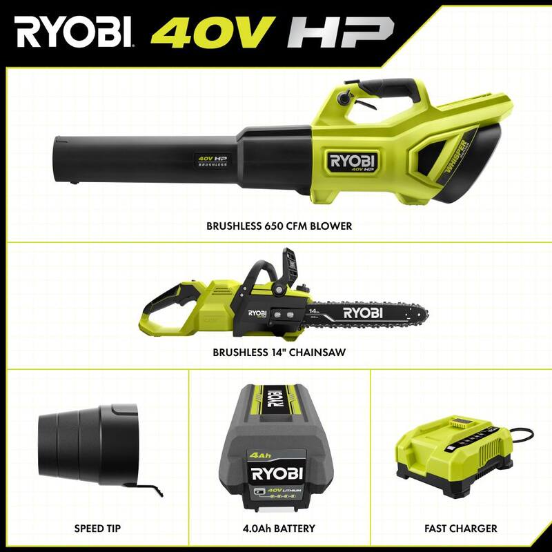 RYOBI 40V HP Brushless 14 in. Battery Chainsaw and 650 CFM Cordless Battery Leaf Blower with 4.0 Ah Battery and Charger - RY405010BTL-RY404014K