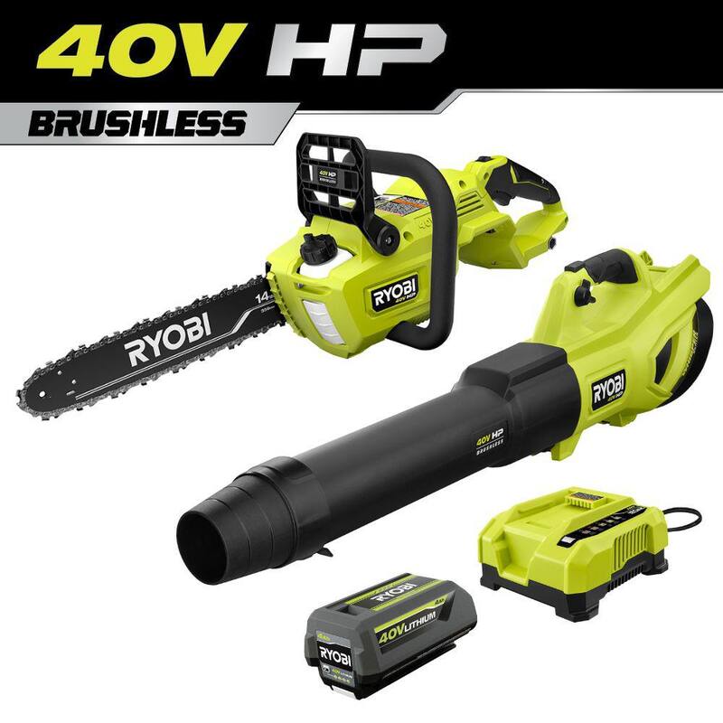 RYOBI 40V HP Brushless 14 in. Battery Chainsaw and 650 CFM Cordless Battery Leaf Blower with 4.0 Ah Battery and Charger - RY405010BTL-RY404014K