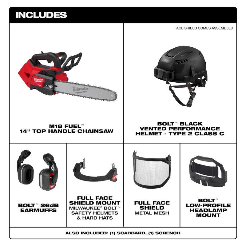 Milwaukee M18 FUEL 14 in. 18V Cordless Top Handle Chainsaw w/BOLT Black Type 2 Class C Vented Helmet, Earmuffs, Mesh Face Shield - 2826-20T-48-73-1310- 48-73-3251-48731430