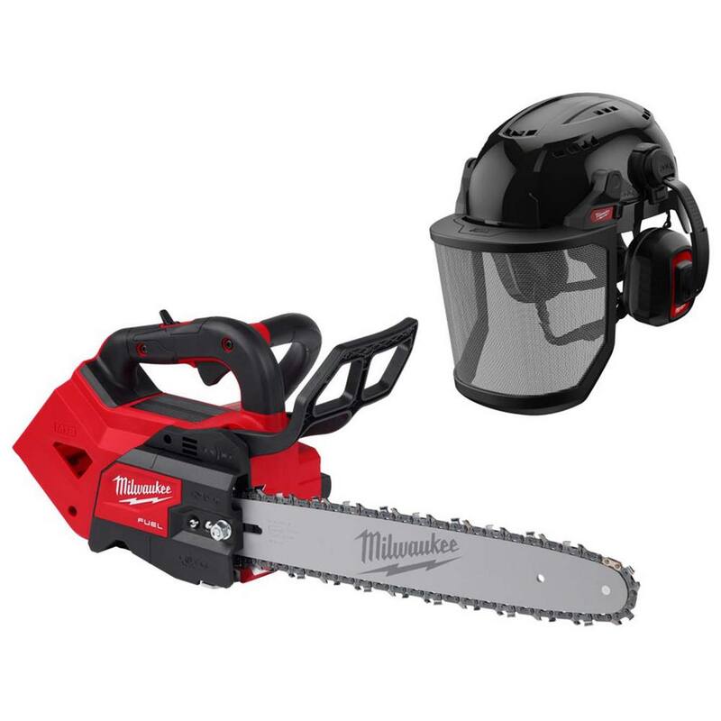 Milwaukee M18 FUEL 14 in. 18V Cordless Top Handle Chainsaw w/BOLT Black Type 2 Class C Vented Helmet, Earmuffs, Mesh Face Shield - 2826-20T-48-73-1310- 48-73-3251-48731430