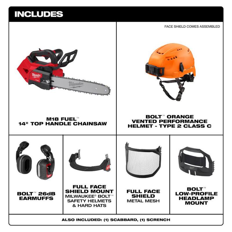 Milwaukee M18 FUEL 14 in. 18V Cordless Top Handle Chainsaw w/BOLT Orange Type 2 Class C Vented Helmet, Earmuffs, Mesh Face Shield - 2826-20T-48-73-1312- 48-73-3251-48731430